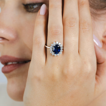 Luminesce Lab Grown 3.25 Carats Created Sapphire with 0.70 Carat Diamond Ring in Sterling Silver