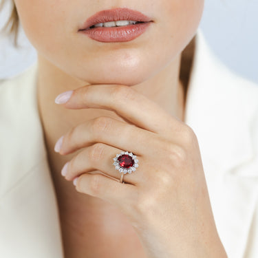 Luminesce Lab Grown 3 Carats Created Ruby with 0.70 Carat Diamond Ring in Sterling Silver