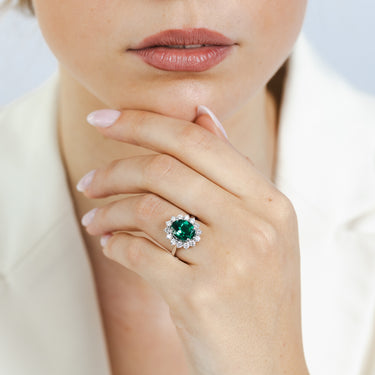 Luminesce Lab Grown 3 Carats Created Emerald with 0.70 Carat Diamond Ring in Sterling Silver