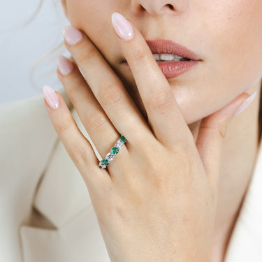 Luminesce Lab Grown 1.40 Carats Created Emerald with 1 Carat Diamond Ring in Sterling Silver