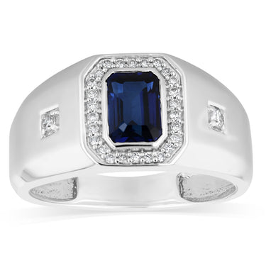 1.20ct Created Blue Sapphire and Luminesce Lab Grown 1/6 Carat Diamond Gents Ring in Sterling Silver
