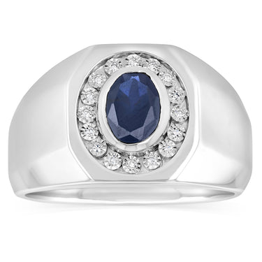 Created Blue Sapphire and Luminesce Lab Grown Gents Ring in Sterling Silver