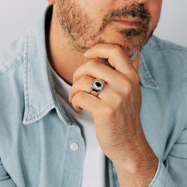 Created Blue Sapphire and Luminesce Lab Grown Gents Ring in Sterling Silver