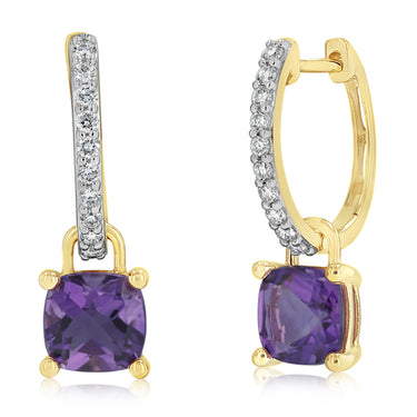 Luminesce Lab Grown 1/5 Carat Diamond and 1.20 Carat Natural Amethyst Earring in 9ct Yellow Gold