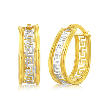 9ct Yellow Gold Silver Filled Oval Hoop Earrings with Greek Key of Life Design