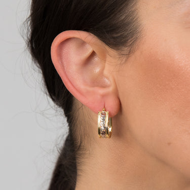 9ct Yellow Gold Silver Filled Oval Hoop Earrings with Greek Key of Life Design