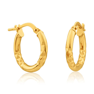 9ct Yellow Gold Silver Filled diamond Cut 10mm Hoop Earrings