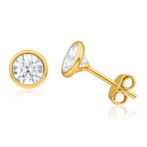 9ct Yellow Gold Silver Filled Cubic Zirconia 6mm Round Stud Earrings