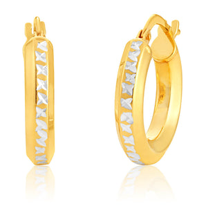 9ct Yellow Gold Silver Filled Hoop Earrings with diamond cut cross pattern feature