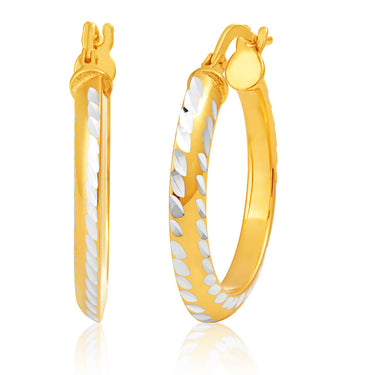9ct Yellow Gold Silver Filled with Side Diamond Cutting 15mm Hoop Earrings
