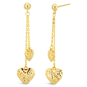 9ct Yellow Gold Filled Double Sided Diamond Cut 2x Heart Drop Earrings