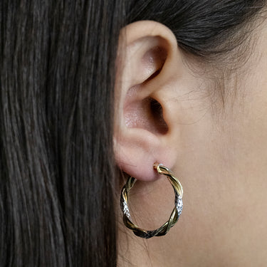 9ct Yellow Gold-Filled Twist Two Tone Hoop Earrings with Diamond Cutting Feature