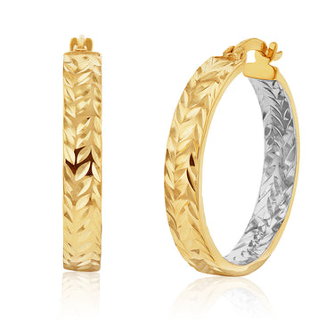9ct Yellow And White Gold Silver Filled Double Side Diamond Cut 20mm Hoop Earrings