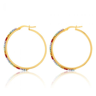 9ct Yellow Gold Silver Filled Coloured Crystals 30mm Hoop Earrings