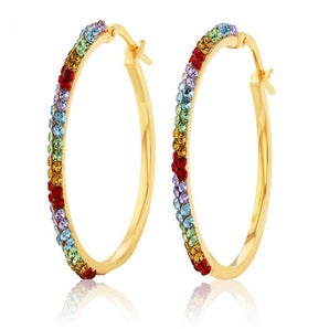9ct Silverfilled Yellow Gold Rainbow Multi-Colour Crystals 25mm Hoop Earrings
