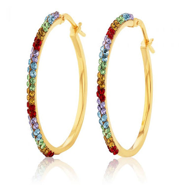 9ct Yellow Gold Silver Filled Rainbow Multi-Colour Crystals 25mm Hoop Earrings