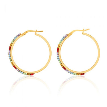 9ct Yellow Gold Silver Filled Rainbow Multi-Colour Crystals 25mm Hoop Earrings