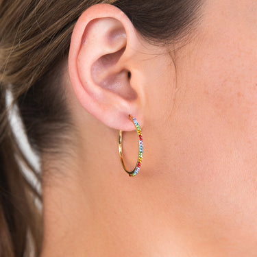 9ct Yellow Gold Silver Filled Rainbow Multi-Colour Crystals 25mm Hoop Earrings