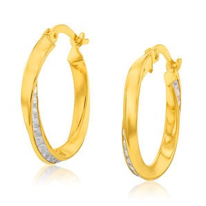9ct Yellow Gold Silverfilled Cubic Zirconia On Twisted 15mm Hoop Earrings