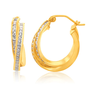 9ct Yellow Gold Silverfilled Double Twisted Hoop Zirconia Earrings