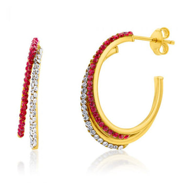 9ct Yellow Gold Silver Filled Crystal And Red Double Half Hoop Earrings