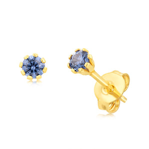 9ct Yellow Gold Silverfilled Tanzenite 3.2mm Cubic Zirconia Stud Earrings