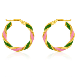 9ct Yellow Gold Silverfilled 15mm Pink And Green Enamel On Twisted Hoop Earrings