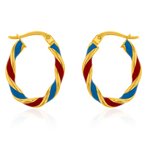 9ct Yellow Gold Silverfilled 15mm Red And Blue Enamel On Twisted Hoop Earrings