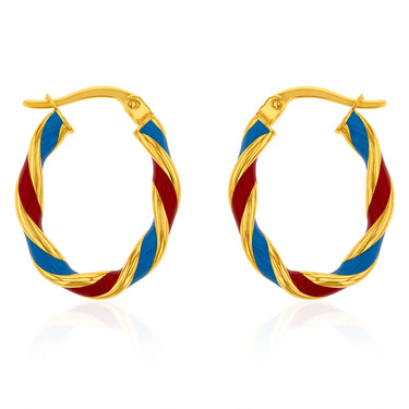 9ct Yellow Gold Silverfilled 15mm Red And Blue Enamel On Twisted Hoop Earrings