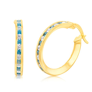9ct Yellow Gold Silverfilled Blue Cubic Zirconia 15mm Hoop Earrings