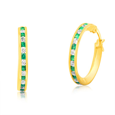 9ct Yellow Gold Silverfilled Green CZ 15mm Hoop Earrings