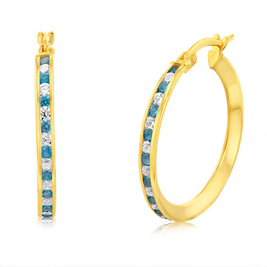 9ct Yellow Gold Silver Filled Blue Cubic Zirconia 20mm Hoop Earrings
