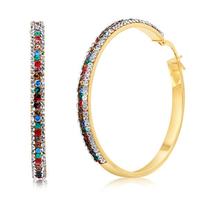9ct Yellow Gold Silverfilled Multicolour And White Crystal 40mm Broad Hoop Earrings