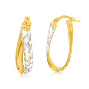9ct Yellow And White Gold Silverfilled Diamond Cut Oval Hoop Earrings