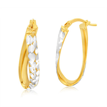 9ct Yellow And White Gold Silver Filled Diamond Cut Oval Hoop Earrings