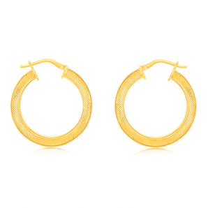 9ct Yellow Gold Silverfilled Patterned Square Tube 20mm Hoop Earrings