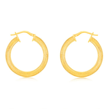 9ct Yellow Gold Silverfilled Patterned Square Tube 20mm Hoop Earrings