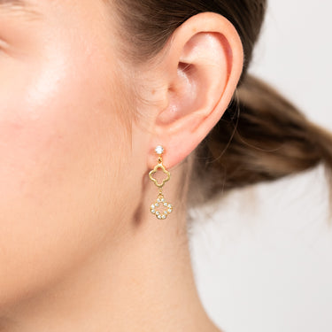 9ct Yellow Gold Silverfilled Zirconia Four Leaf Flower Drop Earrings