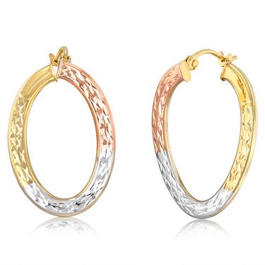 9ct Yellow, White and Rose Gold Tricolor Silverfilled Oval Diamond Cut Twist 18 x 25mm Earrings