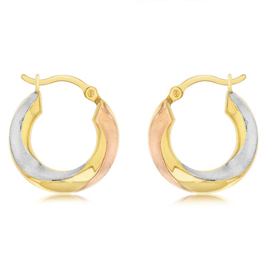 9ct Yellow White And Rose Gold Tricolour Silverfilled Superlight Stamped Hoop Earrings