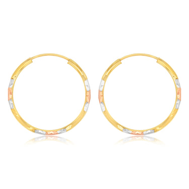 9ct Yellow White And Rose Gold Tricolour Silverfilled Diamond Cut 1.8 X 25mm Hoop Earrings