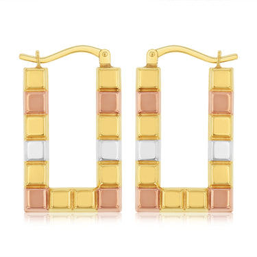 9ct Multitone Gold Silverfilled Patterned Rectangle Hoop Earrings