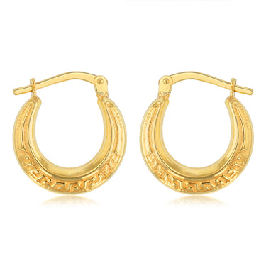 9ct Yellow Gold Silverfilled Greek Key Pattern Creole Hoop Earrings