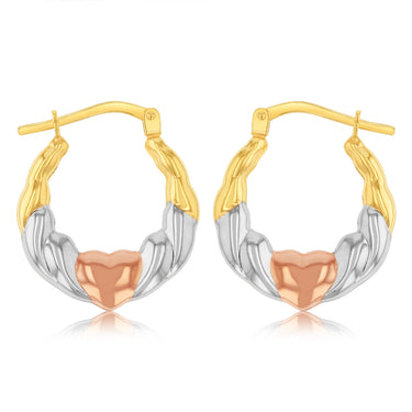 9ct Multitone Gold Silverfilled Heart Patterned Hoop Earrings