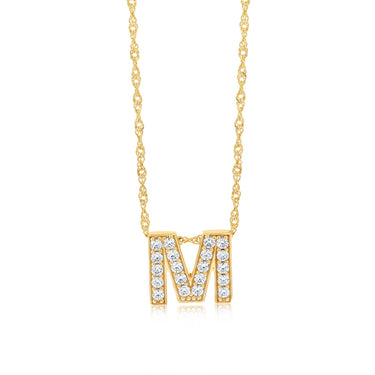 9ct Yellow Gold Silverfilled Cubic Zirconia Initial Letter "M" Pendant On Chain