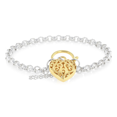 9ct Yellow Gold and Sterling Silver Fancy Rolo Padlock 19cm Bracelet