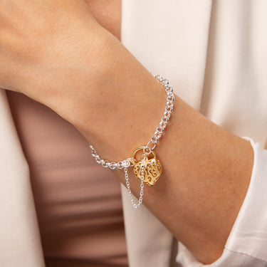 9ct Yellow Gold and Sterling Silver Fancy Rolo Padlock 19cm Bracelet