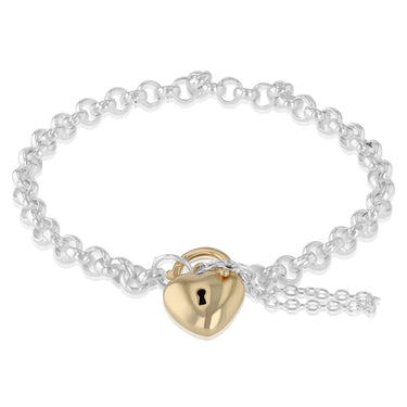 9ct Yellow Gold and Sterling Silver Heart Padlock 19cm Bracelet