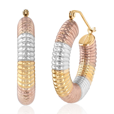9ct Three Tone Gold Silverfilled Ribbed Tube Hoop Earrings