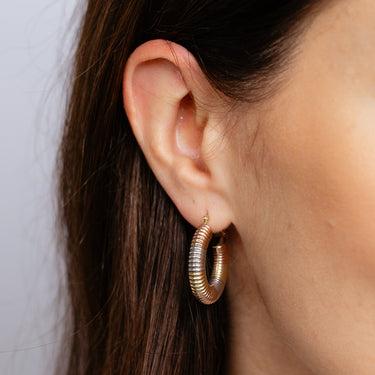 9ct Three Tone Gold Silverfilled Ribbed Tube Hoop Earrings